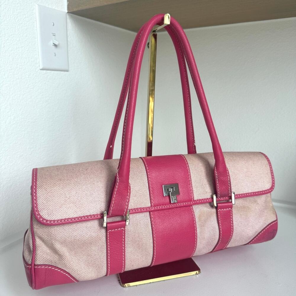 Lambertson Truex Pink Canvas Leather Shoulder Bag Made‎ in Italy Designer Luxury